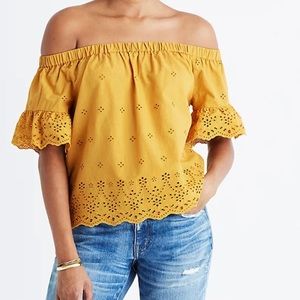 MADEWELL Eyelet Off-the-Shoulder Top Mustard Yellow. Size Small.